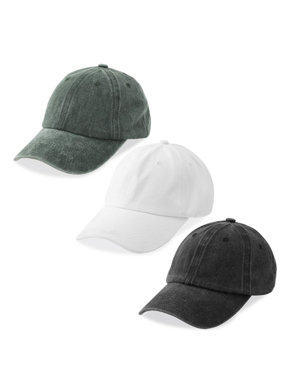 3 Packs Washed-Cotton Plain Baseball Cap | Black, White, Army Green | Size OS
